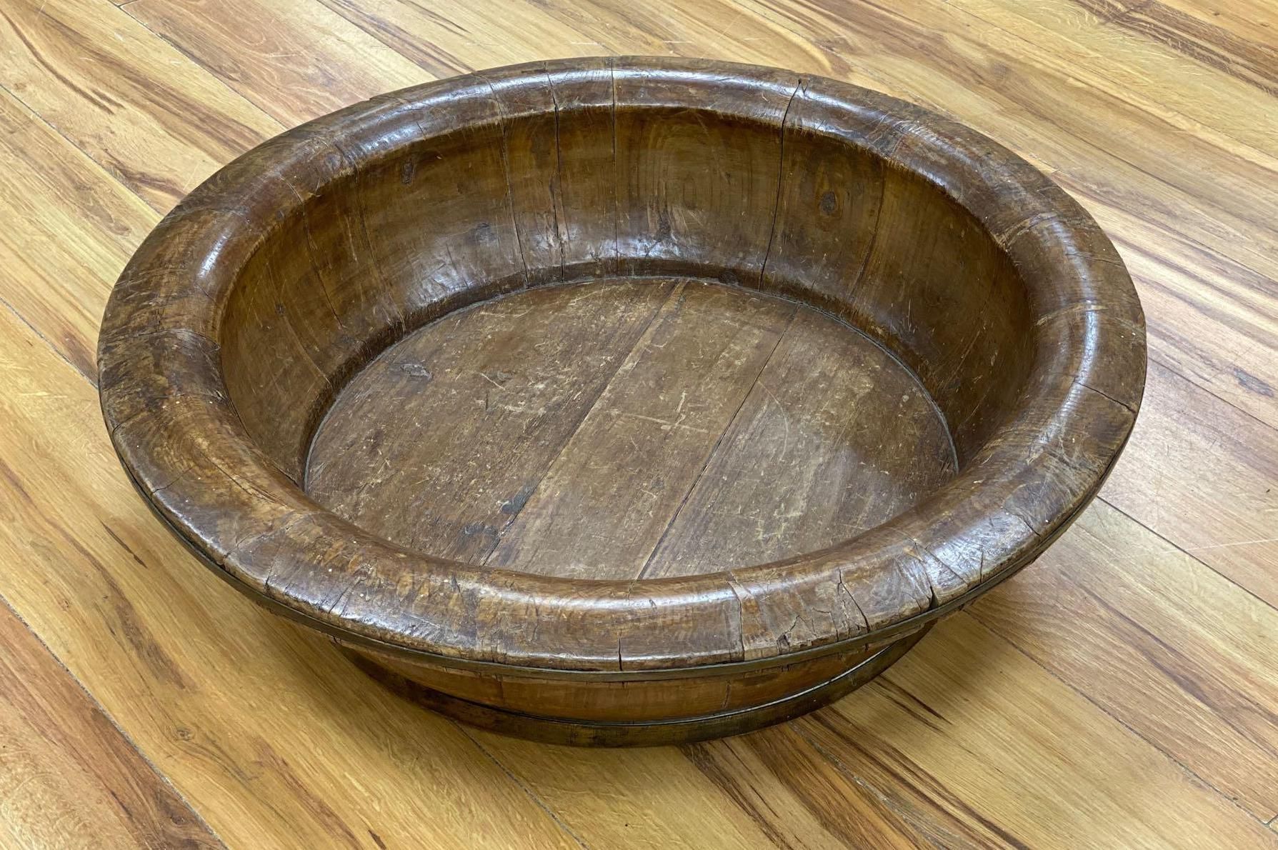 A large Eastern fruitwood coopered spice bowl, early 20th century, diameter 68cm